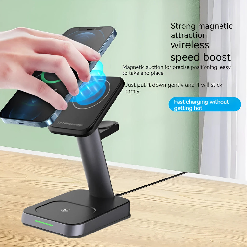 Black wireless three-in-one charger with 10,000mAh power bank and 15W fast charging