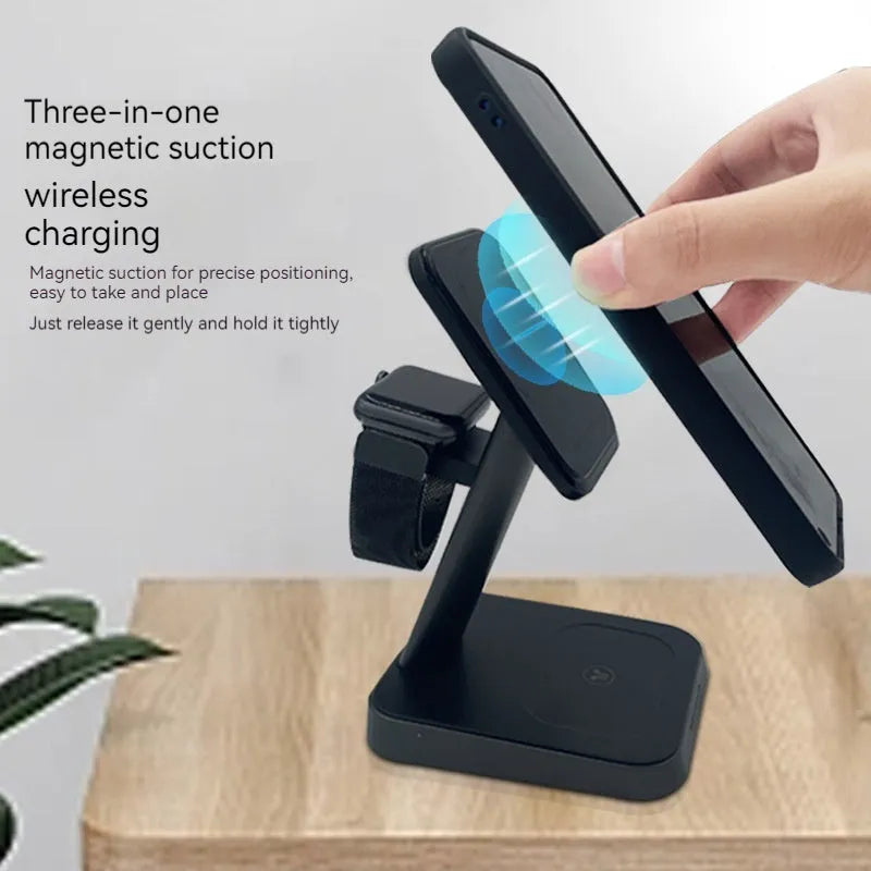 Black wireless three-in-one charger with 10,000mAh power bank and 15W fast charging