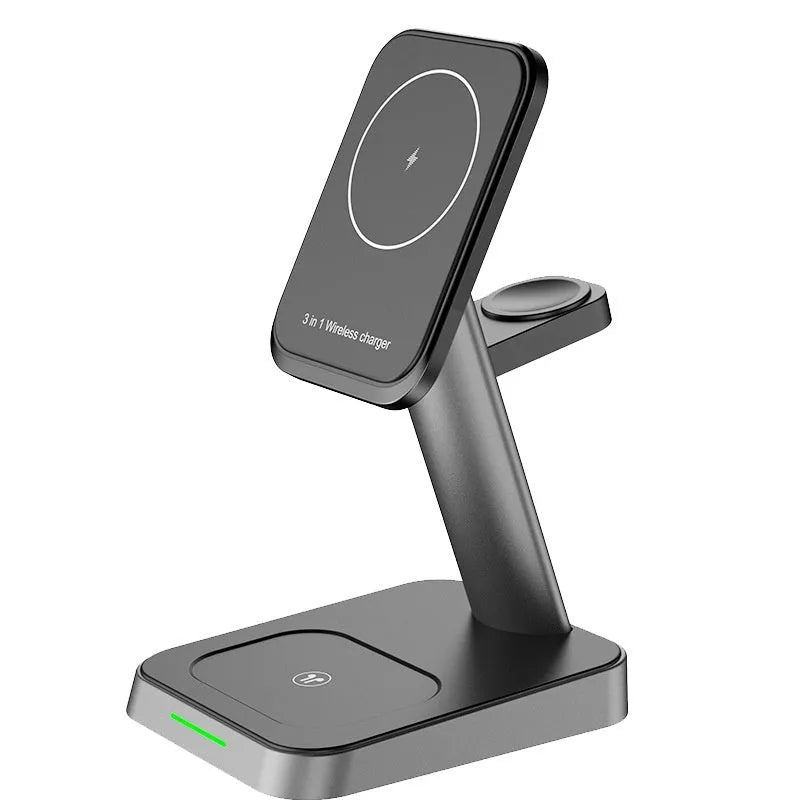 Black wireless three-in-one charger with 10,000mAh power bank and 15W fast charging