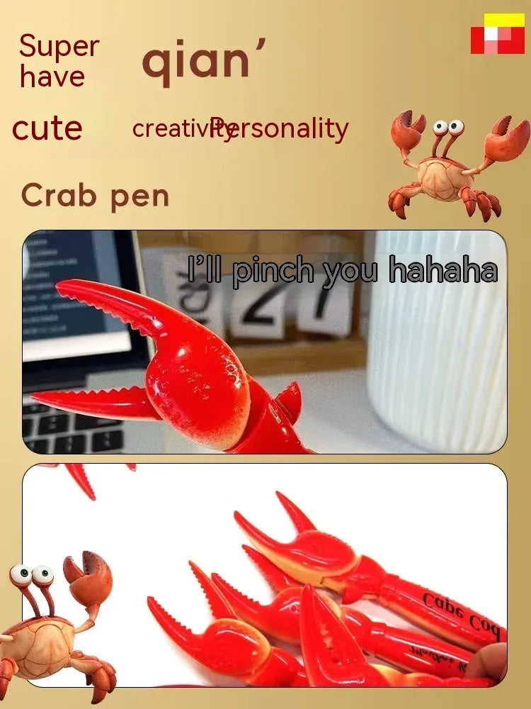 Orange and white novelty ballpoint pen with crab claw mechanism and metal can clip
