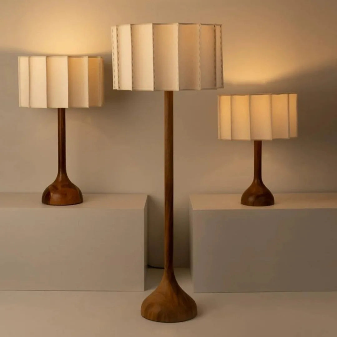 Japanese-style solid wood table lamp with three-colour light, 32x50cm size, on wooden side table in living room