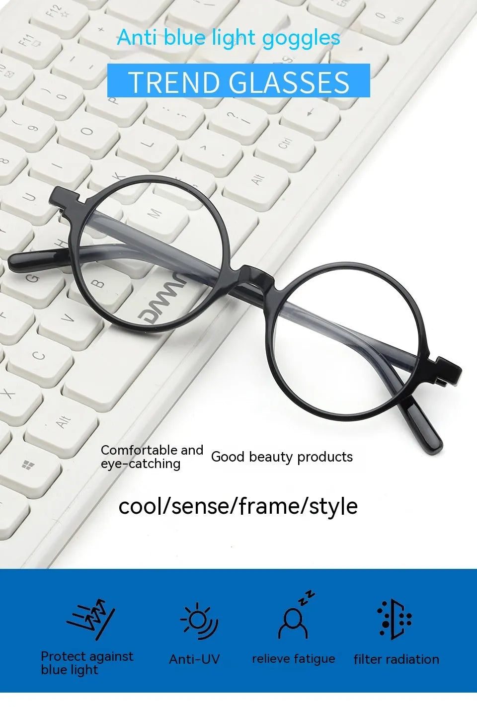 Retro round fashion glasses with no diopters in four colour options on white background