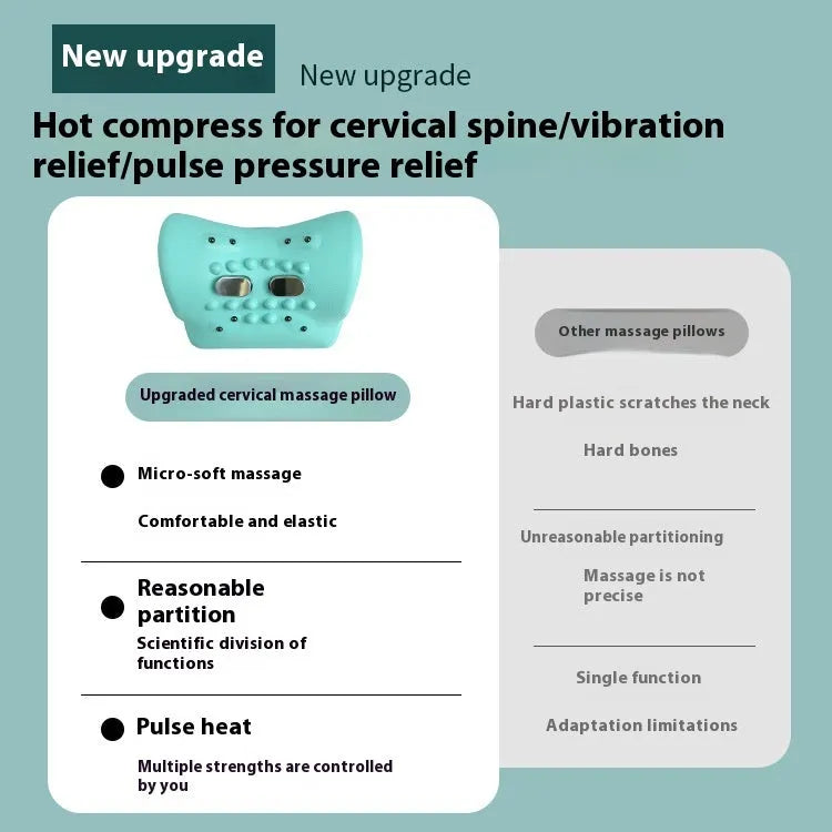 Blue-green portable cervical spine massage pillow showing compact dimensions