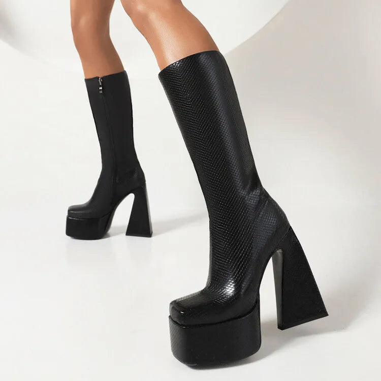 Women's artificial PU casual high boots in black, red, blue, and white colours