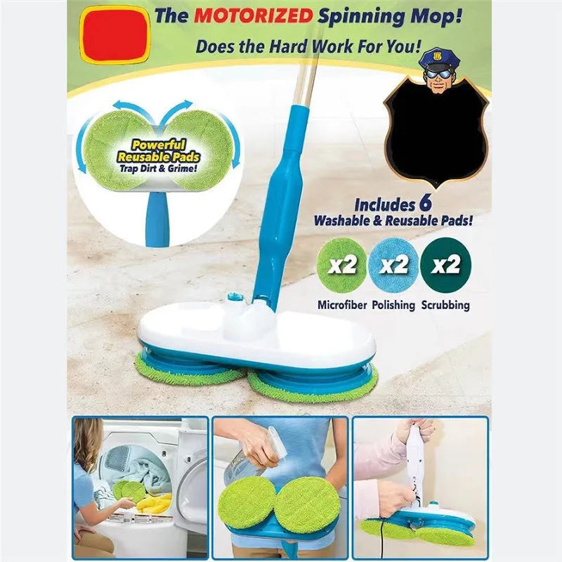 Hand-held wireless electric floor mop with USB charging port and a set of cleaning pads.