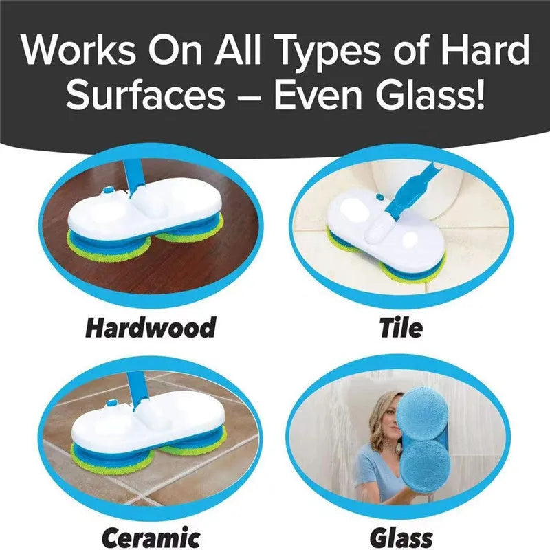 Hand-held wireless electric floor mop with USB charging port and a set of cleaning pads.