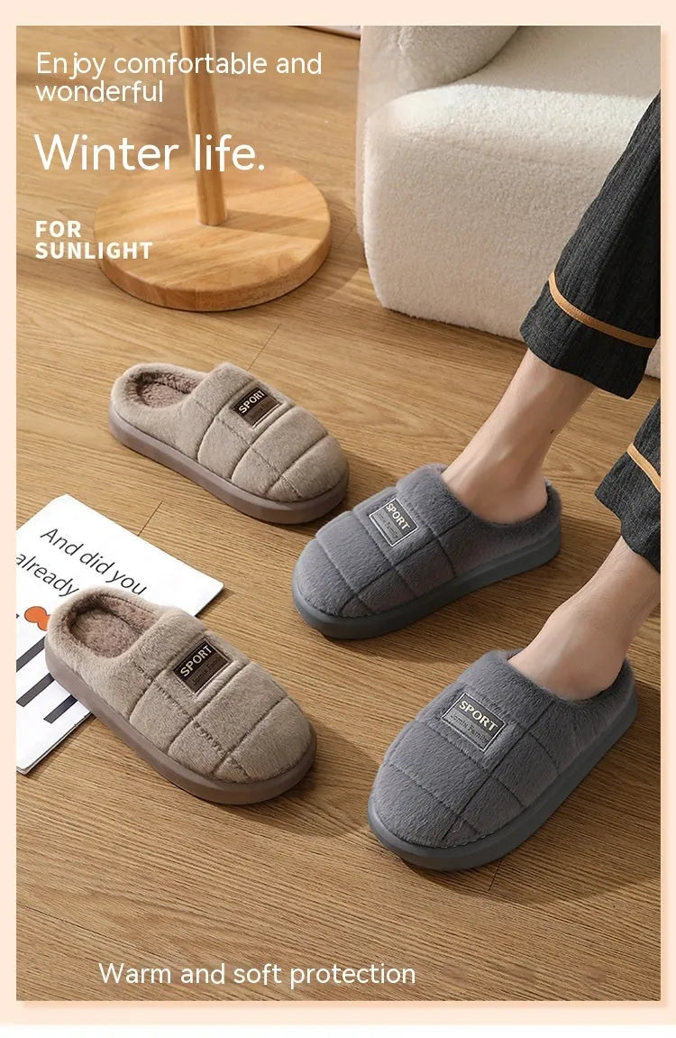 Men's grey and brown plaid winter slippers with thick woolen bottom and rabbit hair upper