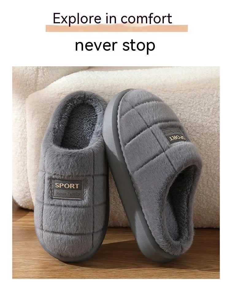 Men's grey and brown plaid winter slippers with thick woolen bottom and rabbit hair upper
