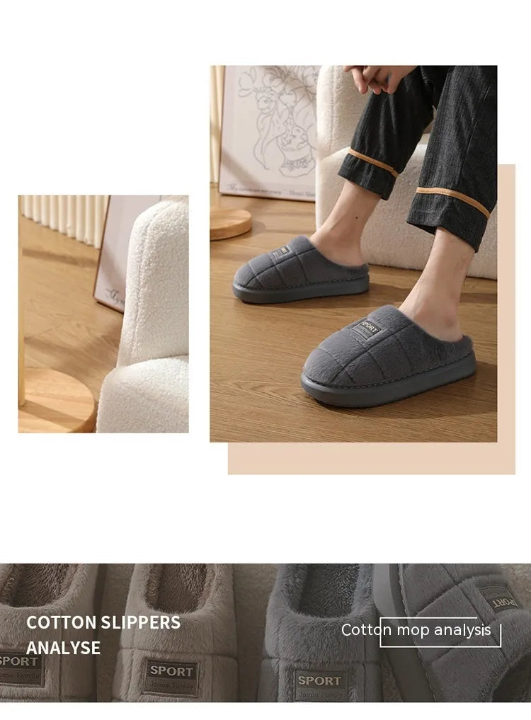 Men's grey and brown plaid winter slippers with thick woolen bottom and rabbit hair upper
