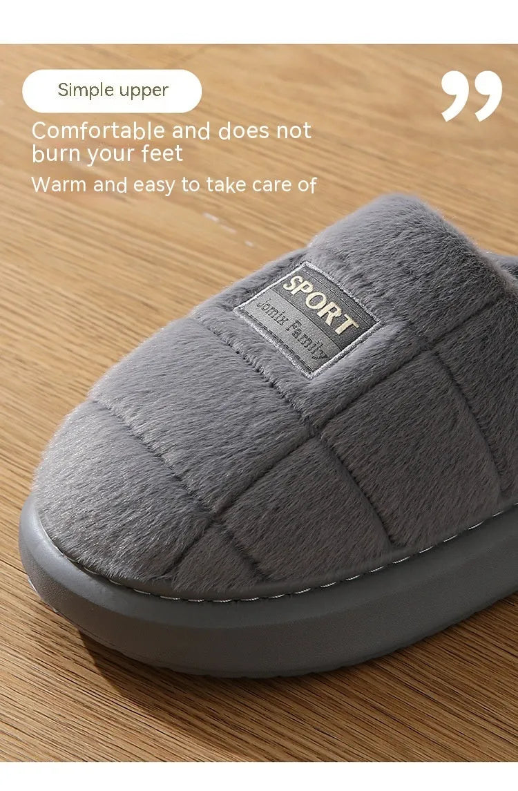 Men's grey and brown plaid winter slippers with thick woolen bottom and rabbit hair upper