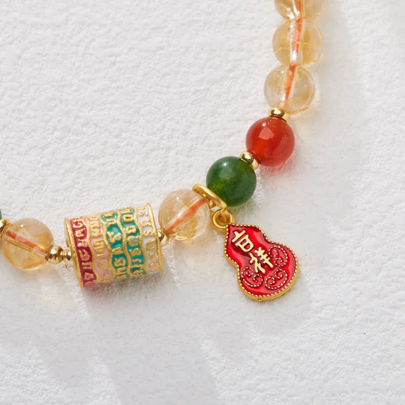 Hand-woven citrine five sutra bracelet with 6mm crystal beads and geometric pattern