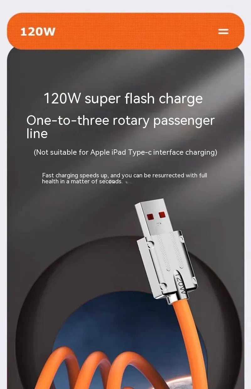 Zinc alloy three-in-one rotating data cable with LED light in orange red colour
