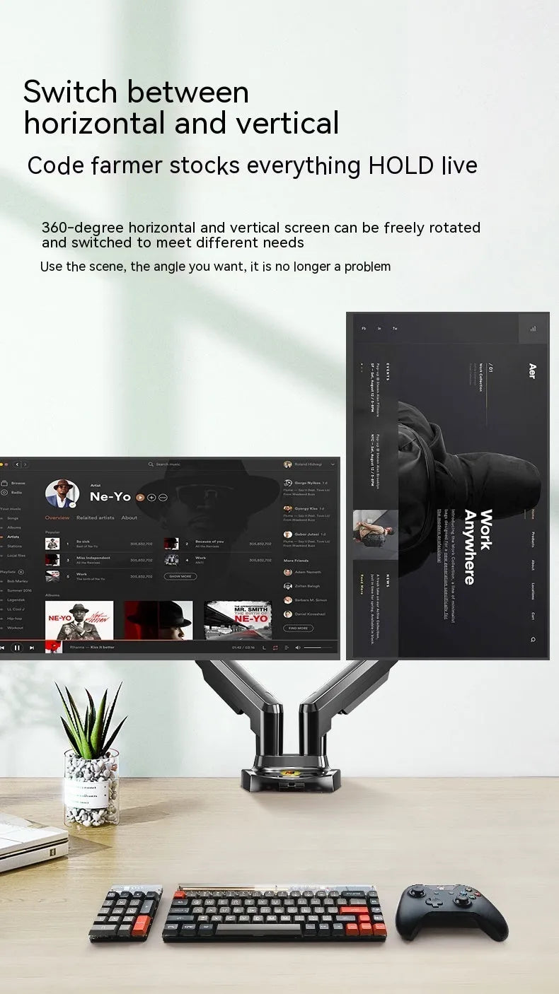 Dual screen monitor bracket with aluminium alloy construction and VESA mounting holes