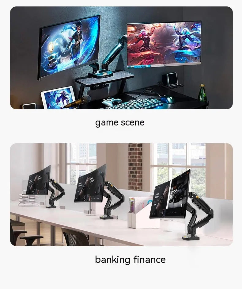 Dual screen monitor bracket with aluminium alloy construction and VESA mounting holes