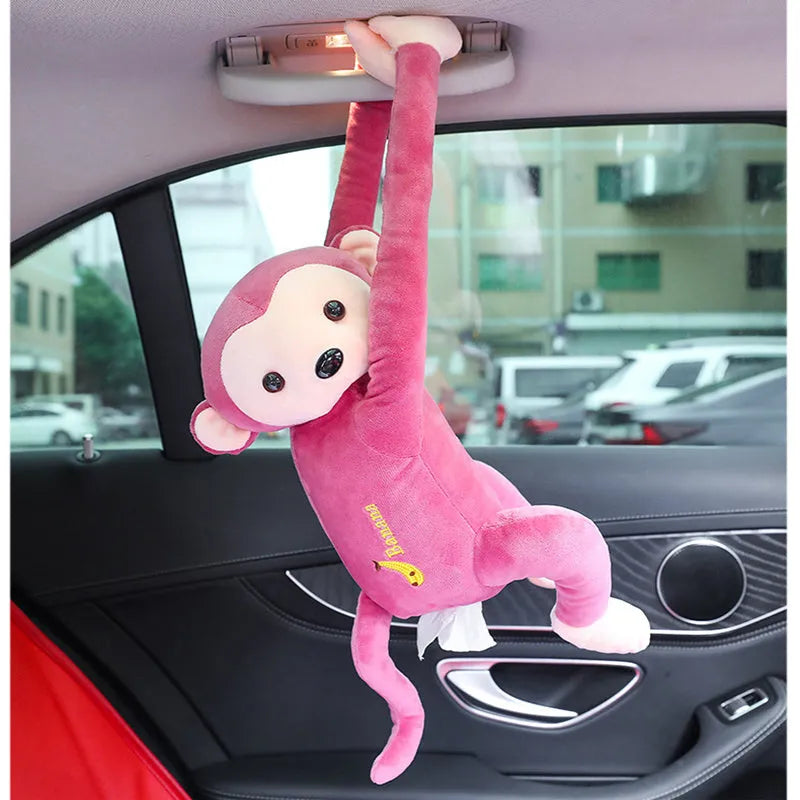 Pipi monkey hanging tissue box in bean paste brown with soft plush fabric and PP cotton filling, 52cm total length, wall-mounted