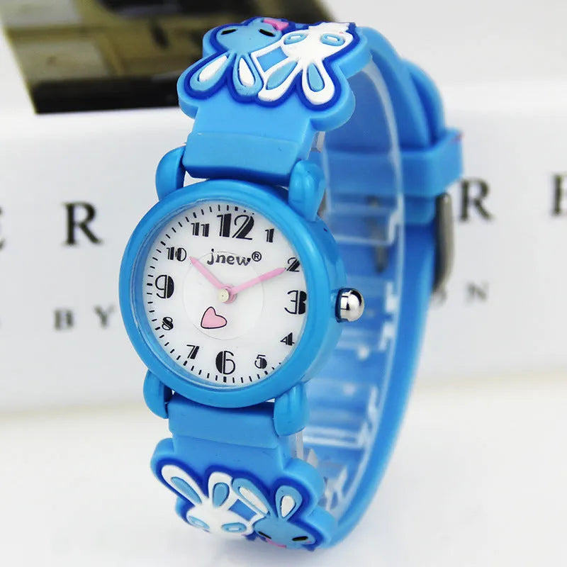 Rabbit Quartz Watch for children with black plastic strap, PC case, and white dial featuring hour markers.