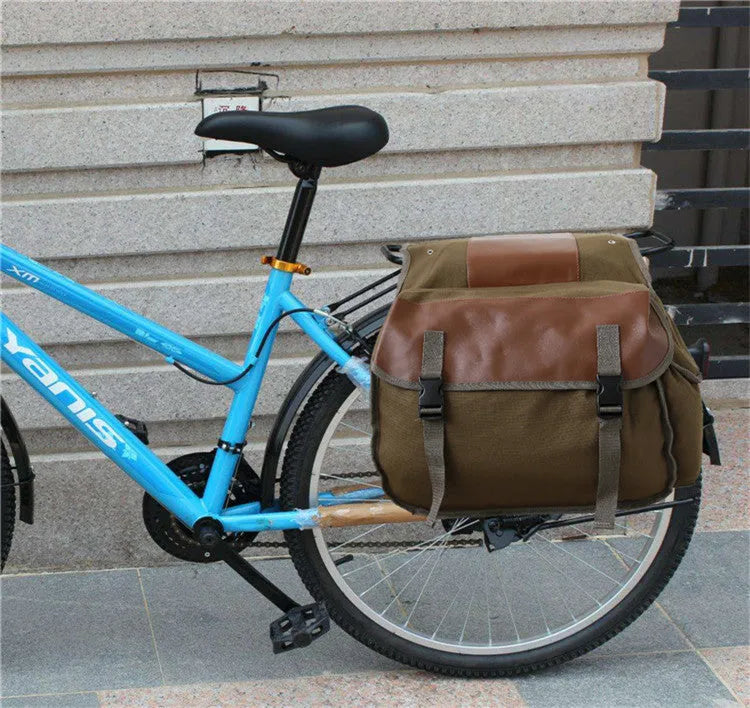 Canvas rear seat storage bag for cycling or motorcycle, 27x44x15cm, with zipper pocket, in khaki colour