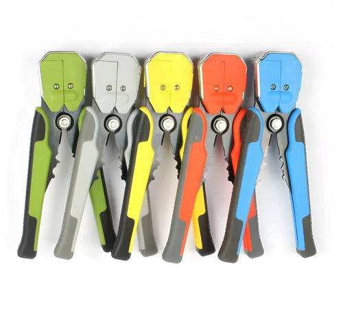 Yellow automatic wire stripper and crimping plier tool with cutter for 10-24 AWG electrical cables.