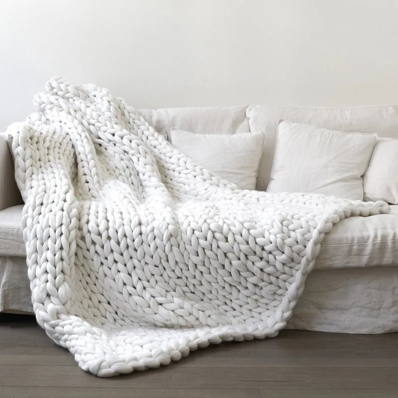 Nordic thick acrylic hand-woven blanket in white colour with plain pattern