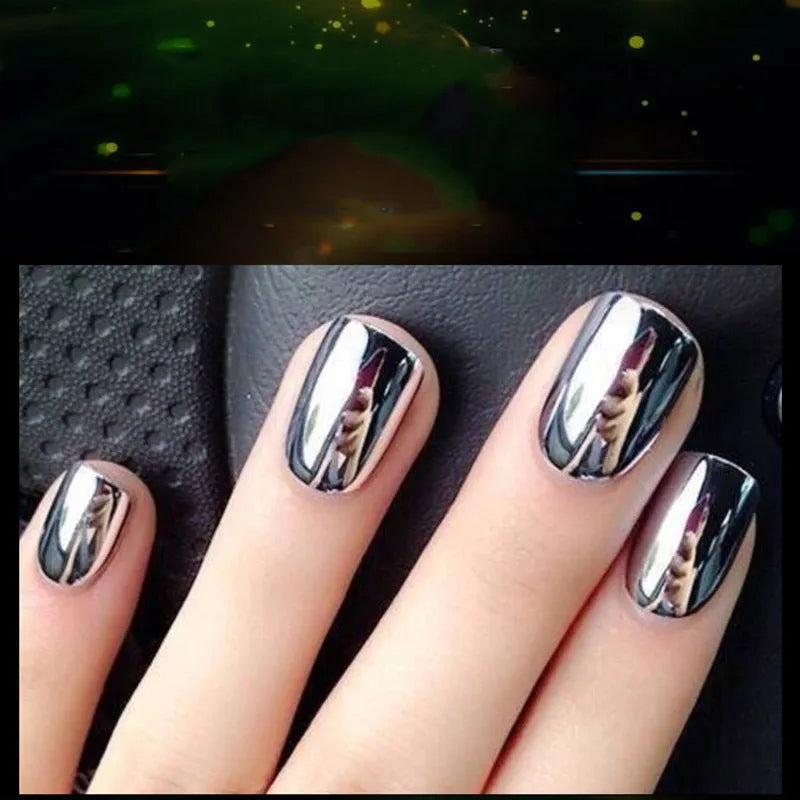 Mirror Nail Polish 12ml bottle with chrome metallic finish and brush tip