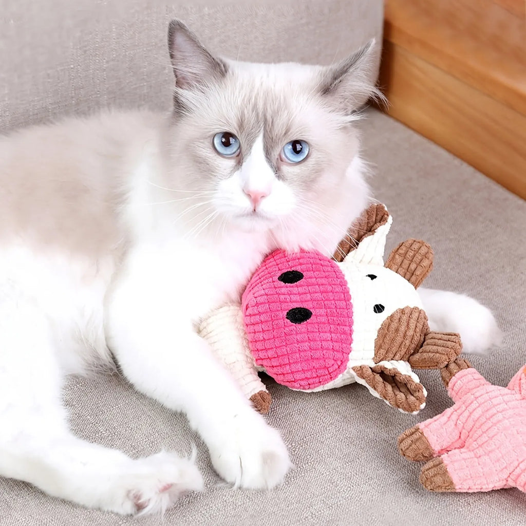 Animal shaped plush dog chew toy with squeaker in blue, brown, cow, grey, pink, white or yellow