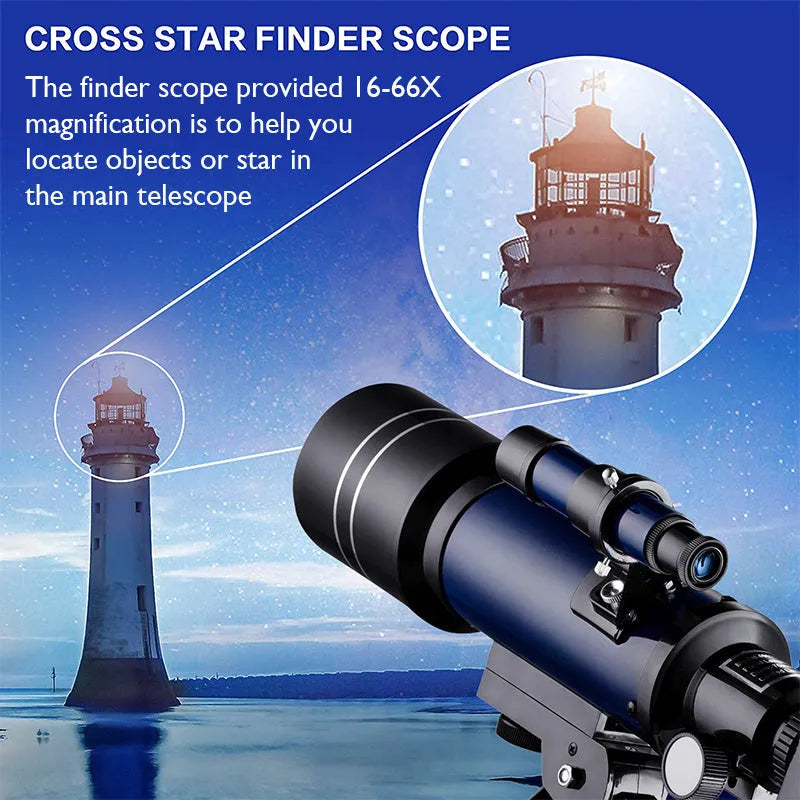 70mm refractor telescope in dark blue with finder scope and two eyepieces for moon watching