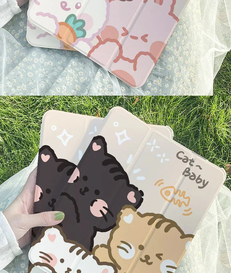 Silicone tri-fold iPad case with cartoon rabbit design shown protecting a tablet