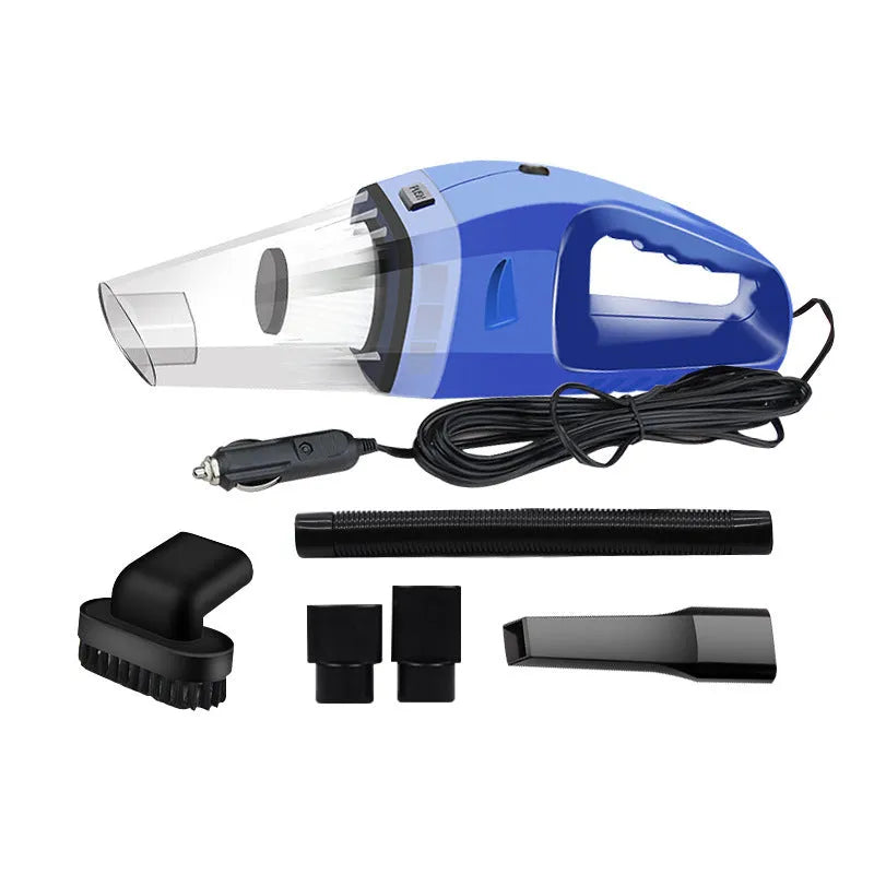 Orange 12V handheld car vacuum cleaner with nozzle attached, showing compact design.