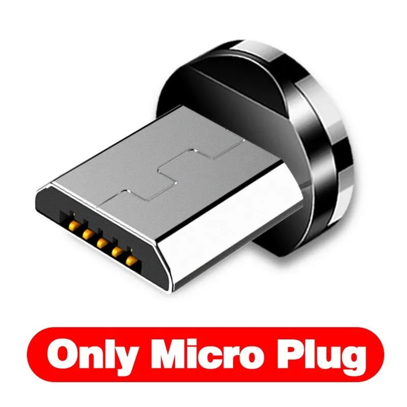 Black L-shaped magnetic charging cable with aluminium connectors for Micro USB, Lightning, and Type-C phones.