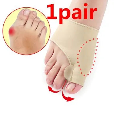 Pair of stretchable corrective socks with a visible gel bunion pad and silicone toe separator.