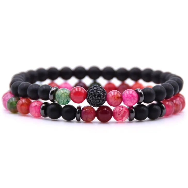 Micro-inlaid zircon bracelet with 6mm natural stone beads on elastic line, 19cm length, multicolour options