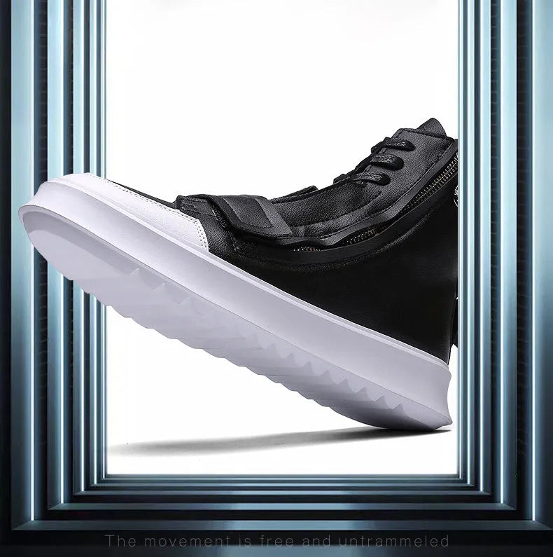 Men's black PU leather winter ankle boots in high-top sneaker style with microfibre upper