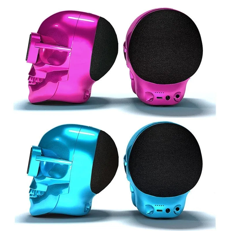 Skull-shaped wireless Bluetooth speaker with 10-hour battery in black, blue, gold, matte black, rose gold, or silver colours