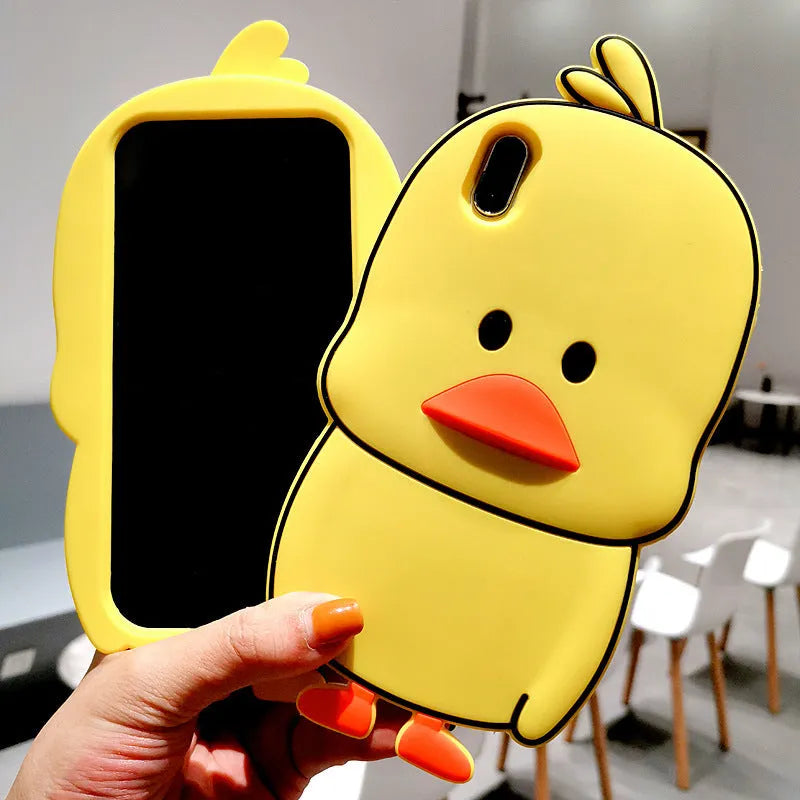 Green silicone iPhone case with cartoon animal design showing waterproof and drop protection features