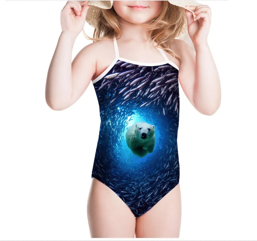 Custom printed one-piece swimsuit for girls ages 3 to 8 years in pink colour with a personalised picture on the front