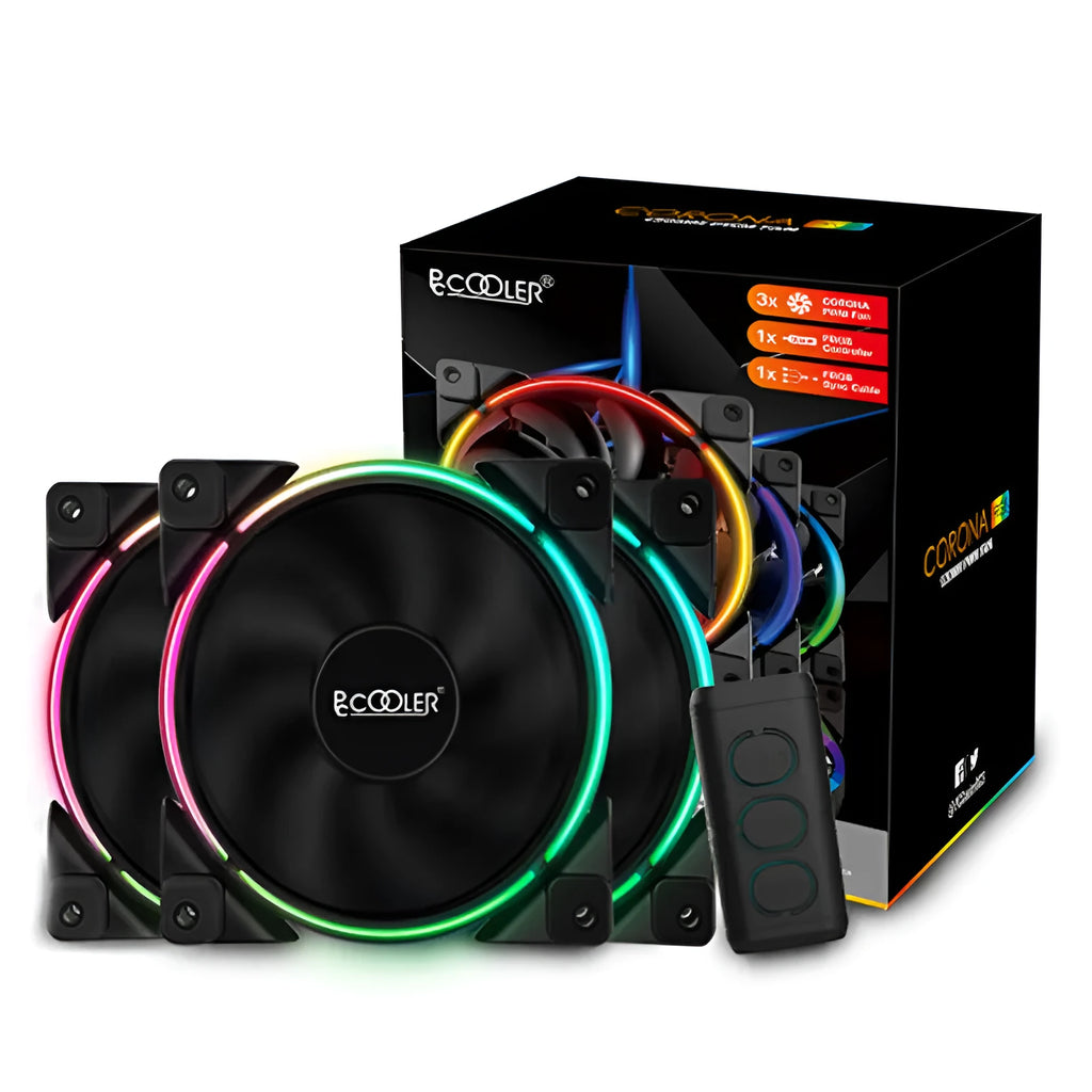 Three black 120mm RGB PC case fans with illuminated blades