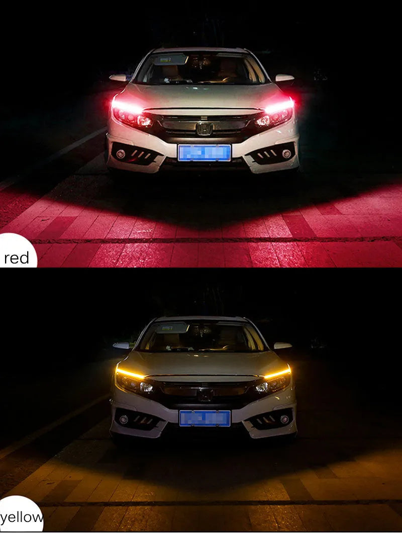 Car LED daytime running light strip in silicone waterproof casing with flowing turn signal effect
