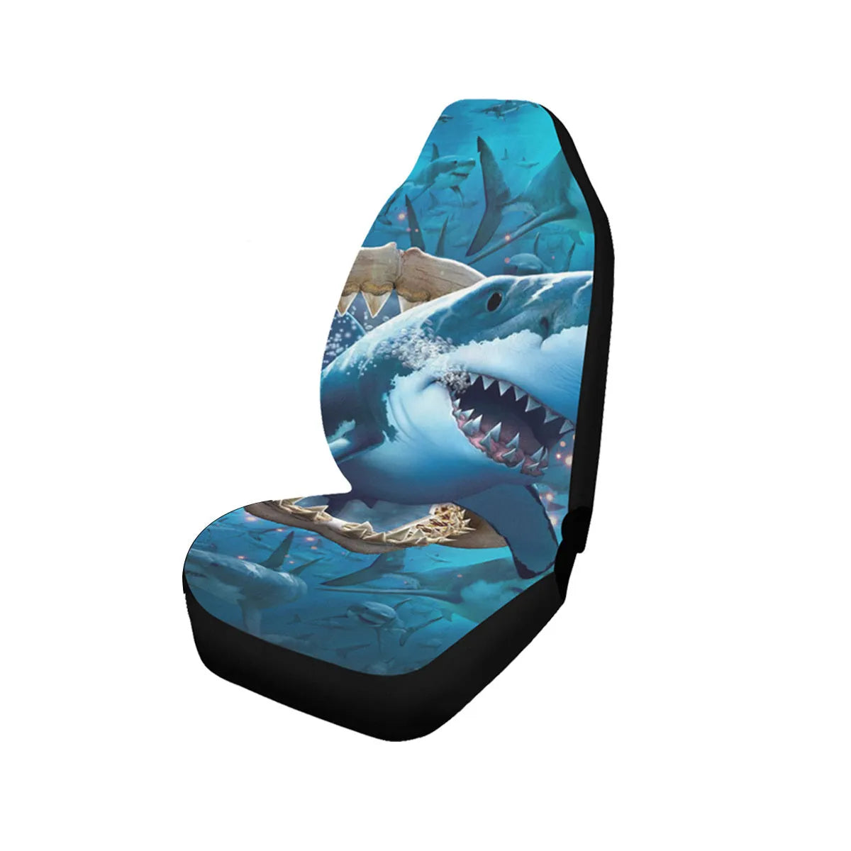Printed car seat cover with all-inclusive elephant print on black polyester fibre fabric for front seat