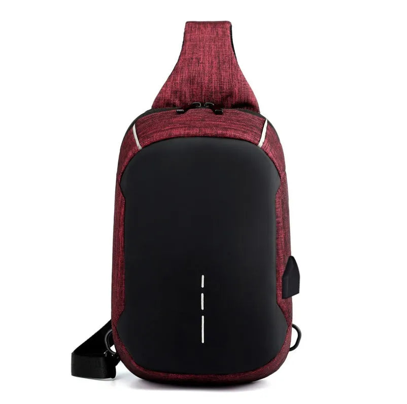 Small dark blue Oxford cloth chest bag with zipper closure showing internal phone compartment