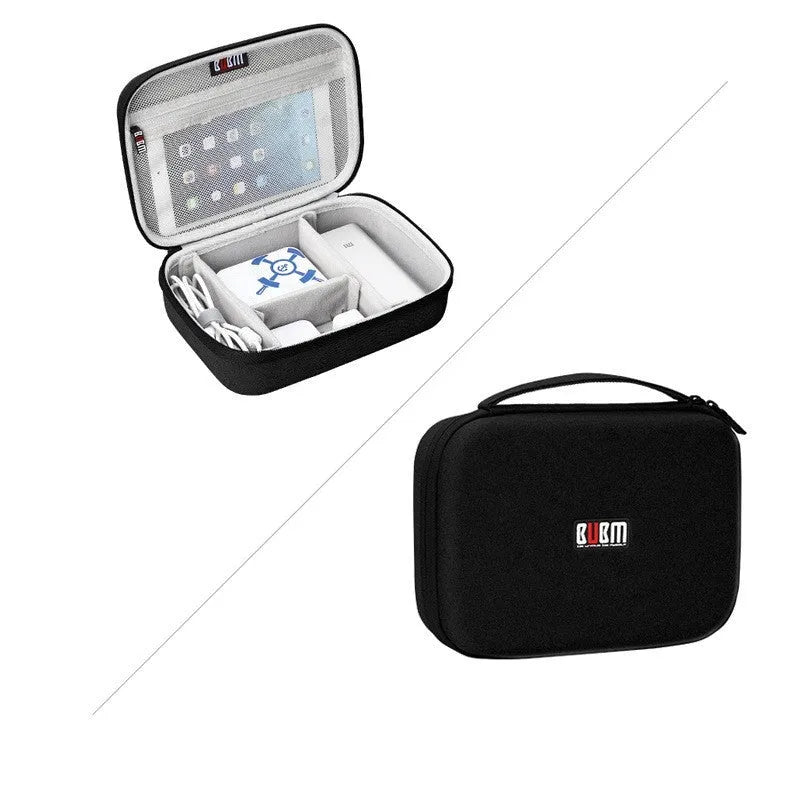 Simple modern black EVA digital storage bag for headphones and cables on a desktop