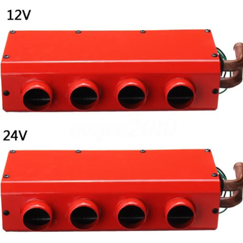 Compact metal car auxiliary heater with copper pipe connections for 12V and 24V vehicle systems.
