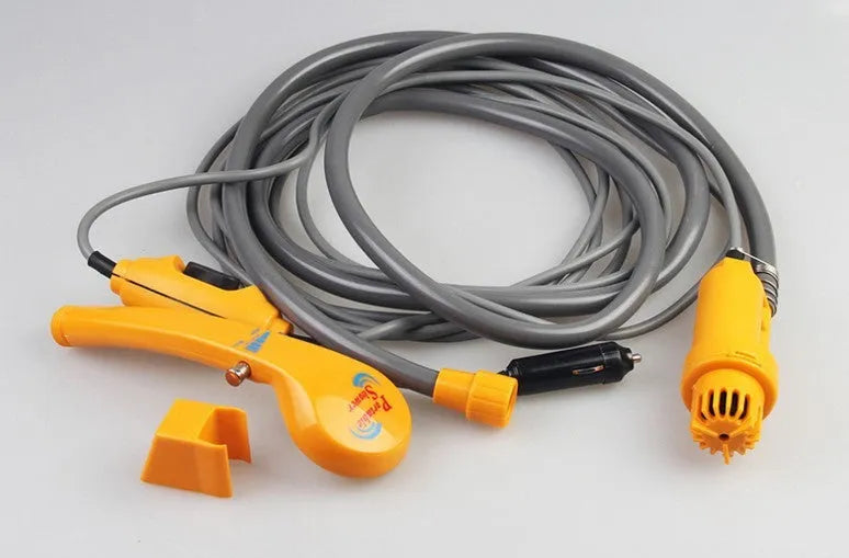 Portable DC shower in blue with car cigarette lighter plug, 2m soft water pipe, and hanging nozzle kit