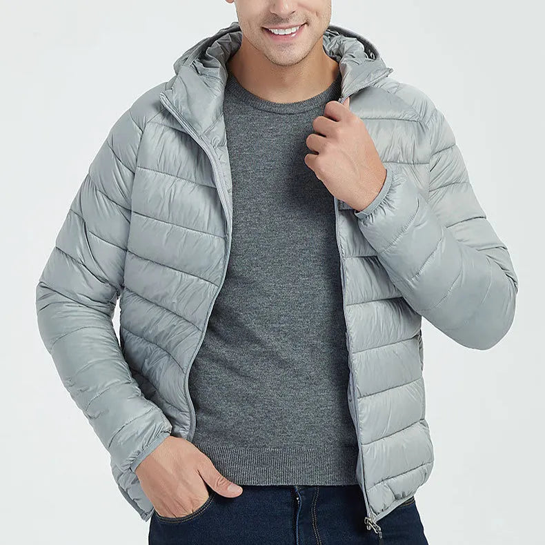 Men's lightweight hooded coat in solid colour, nylon fabric, zipper front, long sleeves, available in multiple colours and sizes