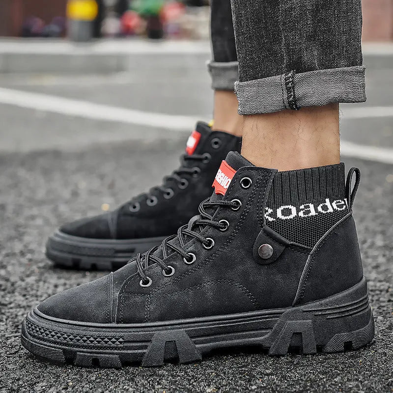 Men's high top Martin boots with frosted leather upper and front tie lacing in black
