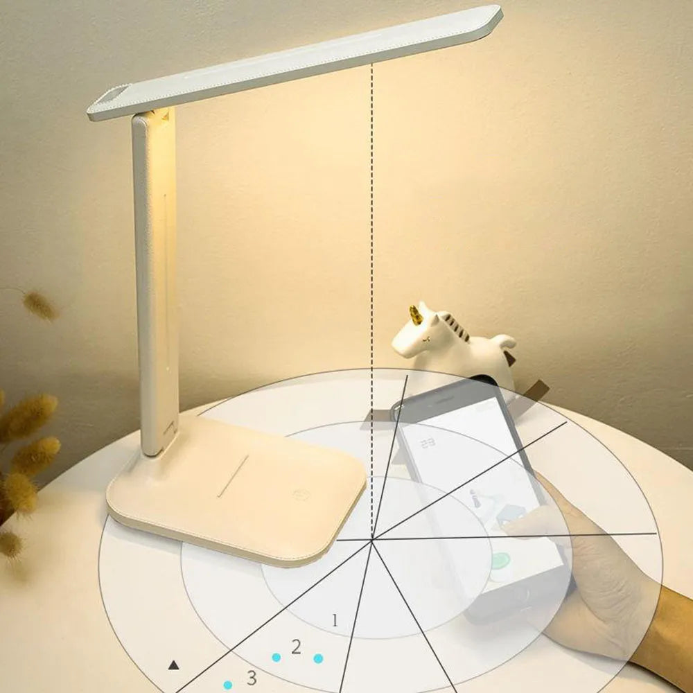 White children's bedside lamp with touch dimming controls and USB charging port