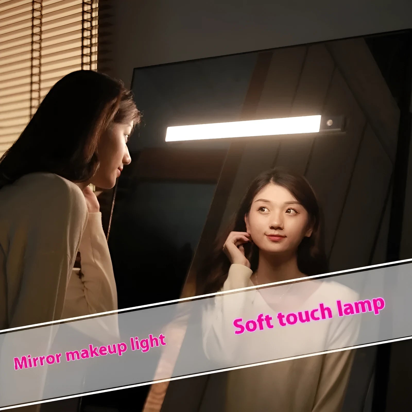 Ultra-thin LED mirror headlight with USB charging in modern simplicity style, 300x40x10mm, tri-color temperature