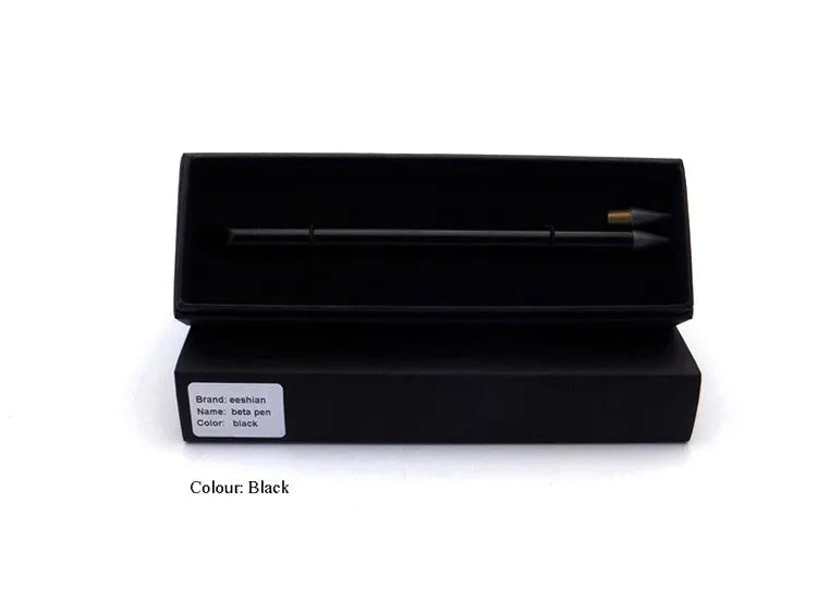 Silver inkless metal pen with 0.5mm nib, spare nib, and black pen bag on wooden table.