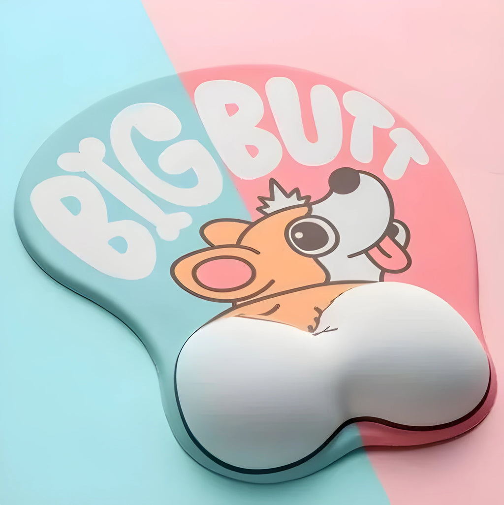 Silicone anime mouse pad with 3D Corgi cartoon design in blue and pink on a desk