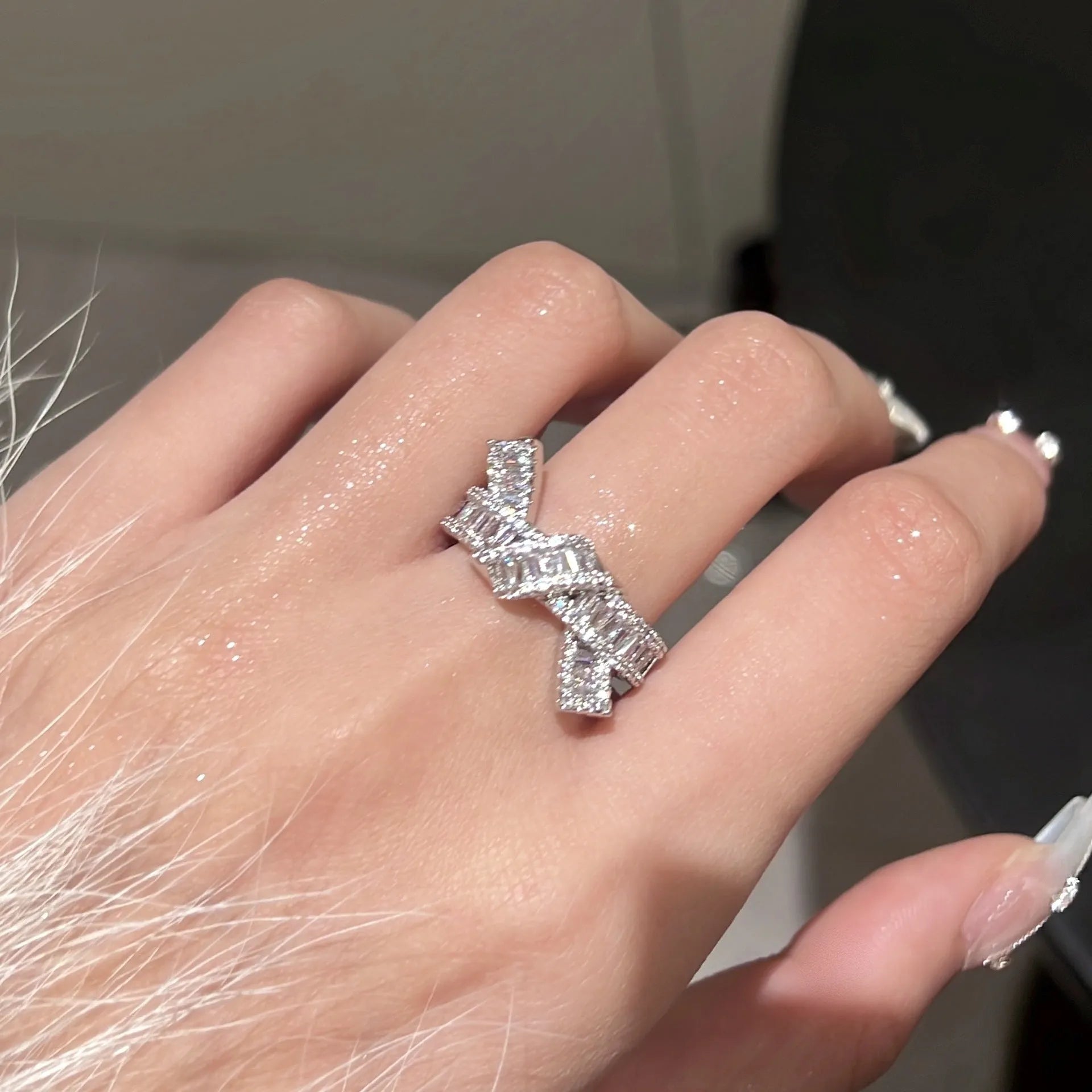 Silver cross open ring with bow shape, copper base with electroplated finish, minimalist light luxury style