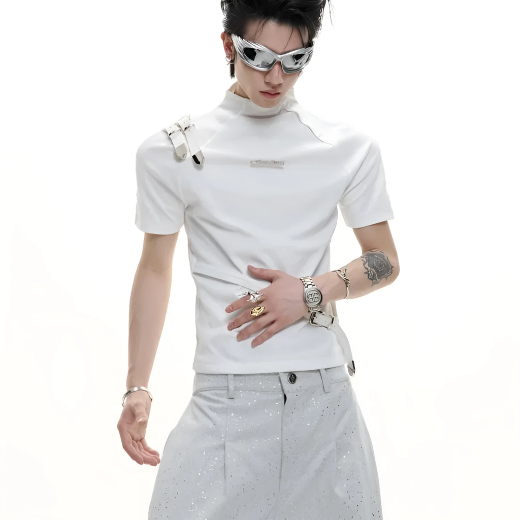 Men's slim fit T-shirt with metal belt design and stand-up collar in cotton